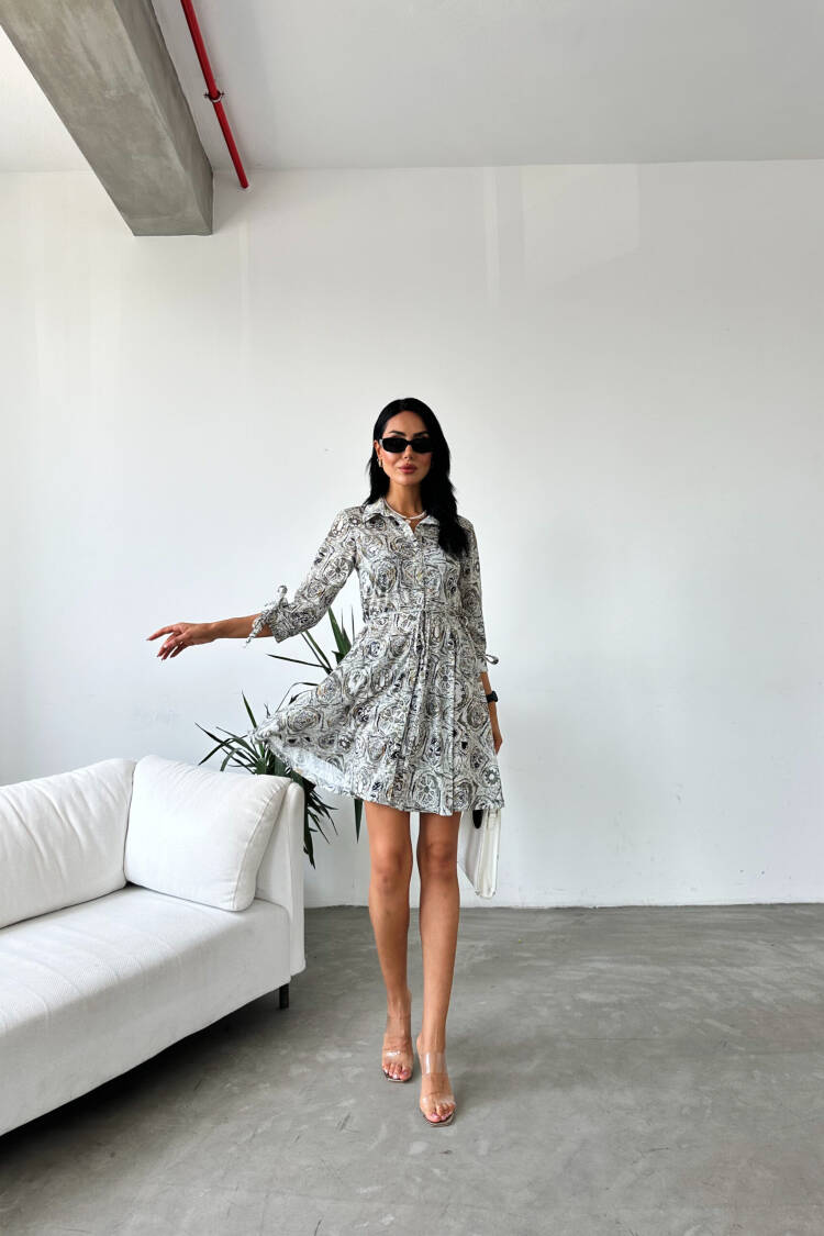Shawl Pattern Shirt Collar Lace Detailed Buttoned Dress