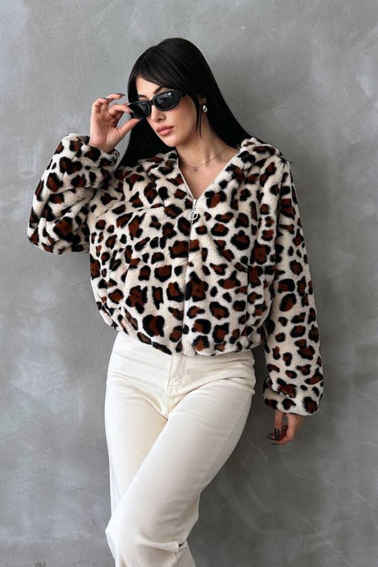 Leopard Printed Plush Coat - Stone & - Topshow - Globality Store - Women Clothes Wholesale Turkey