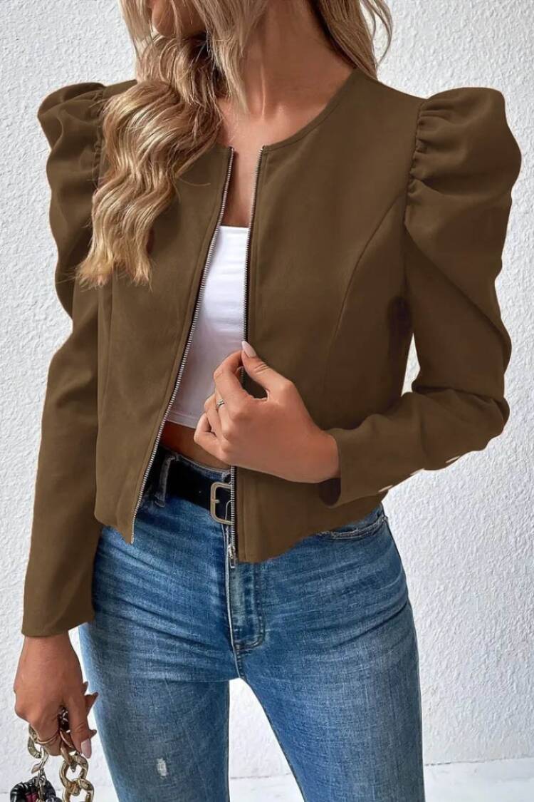 Women's Long Sleeve Front Zippered Balloon Sleeve Suede Jacket - Janes - Globality Store - Women Clothes Wholesale Turkey