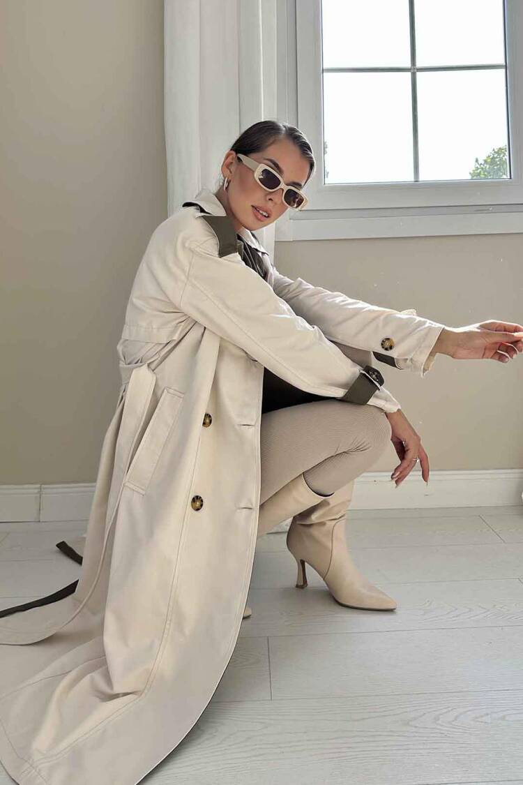 Striped Back And Belted Trench Coat -& Khaki