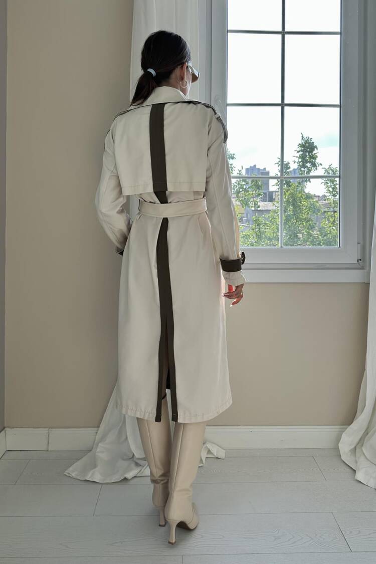 Striped Back And Belted Trench Coat -& Khaki