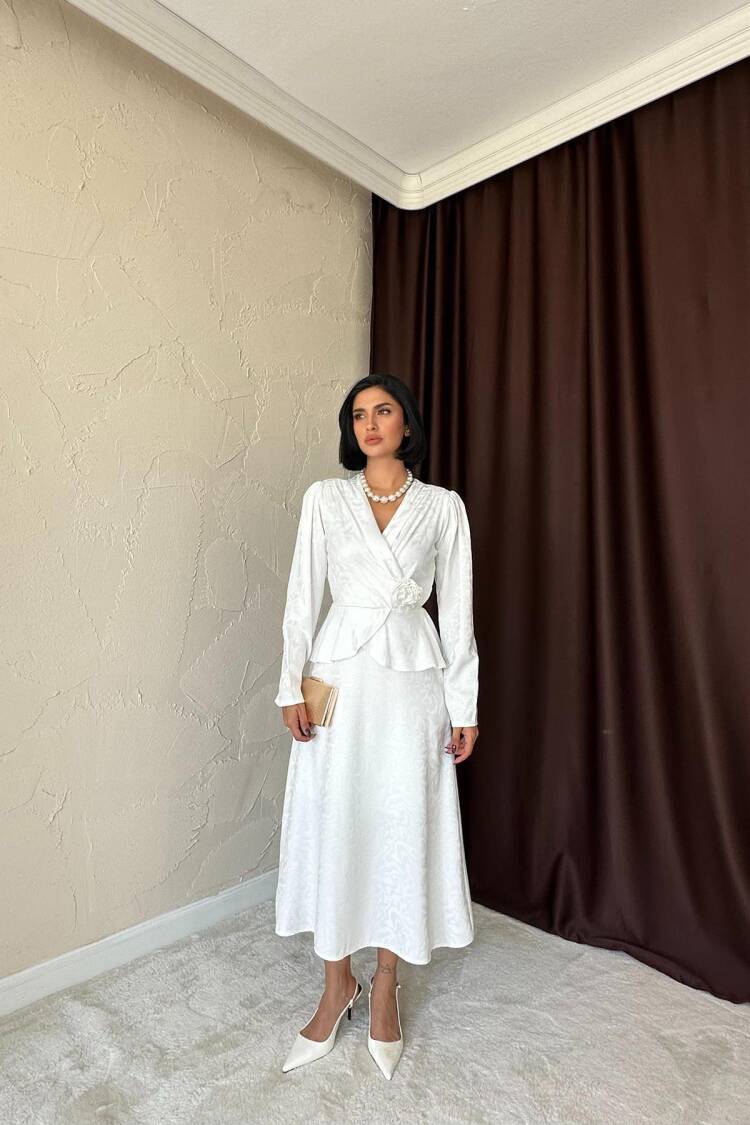 Pleated Detailed Double Breasted Dress - Ecru - Elisa - Globality Store - Women Clothes Wholesale Turkey