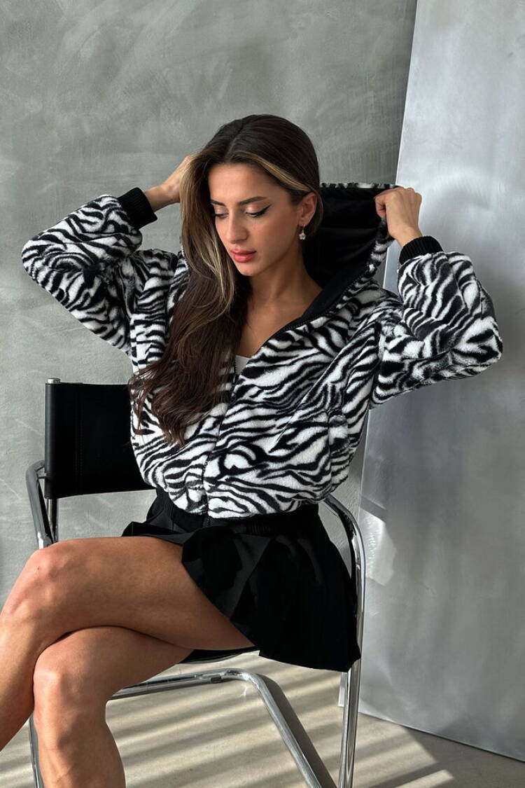 Zebra Look Plush Coat -& White - Topshow - Globality Store - Women Clothes Wholesale Turkey