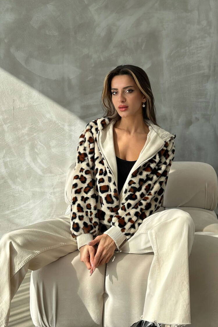 Leopard Look Plush Coat - Light - Topshow - Globality Store - Women Clothes Wholesale Turkey