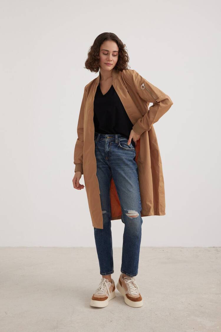 Parachute Fabric Ribbed Collar Long Sleeve Women's Trench Coat Camel