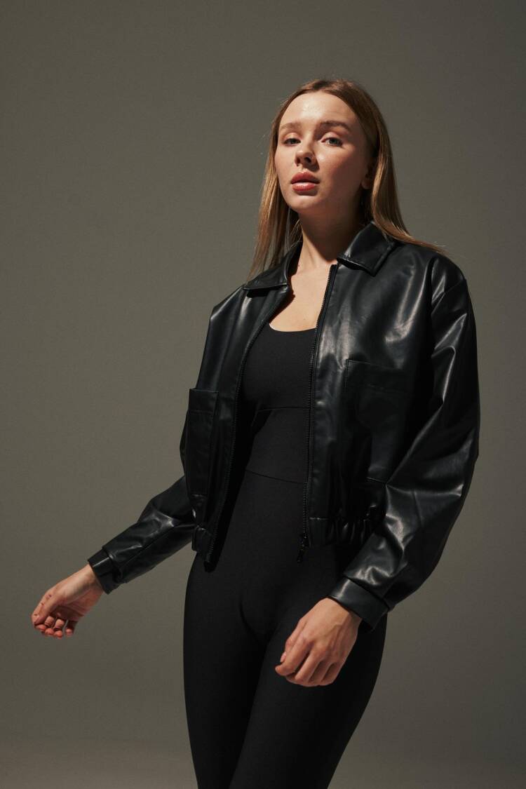 Pocket Detail Elastic Waist Faux Leather Women's Jacket Black
