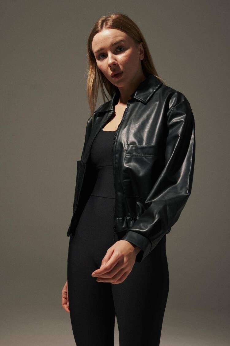 Pocket Detail Elastic Waist Faux Leather Women's Jacket Black