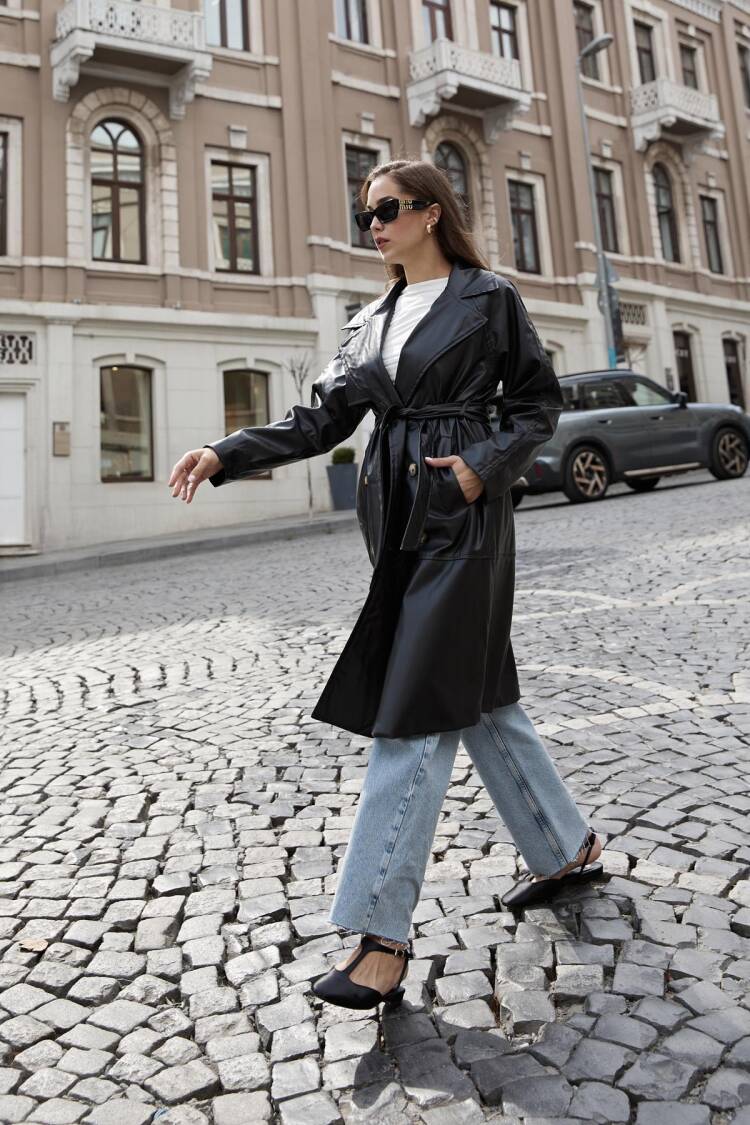 Leather Fabric Waist Belted Women's Trench Coat