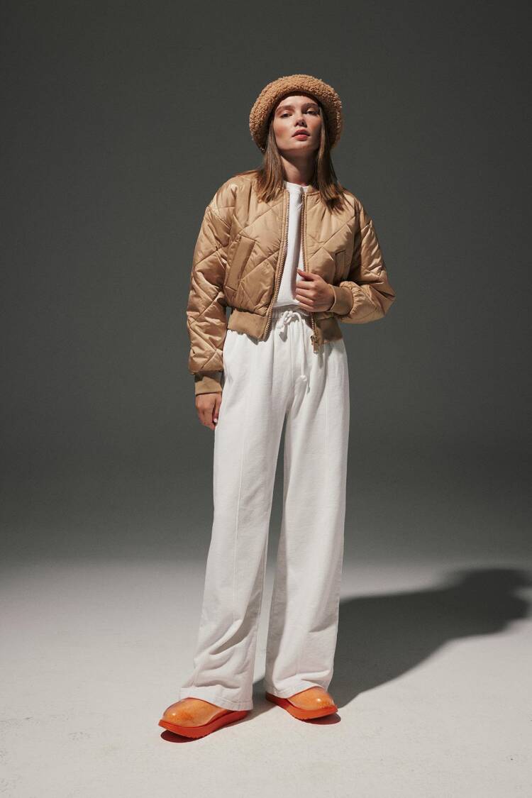 Polyester Fabric Ribbed Collar Diamond Pattern Short Bomber Coat
