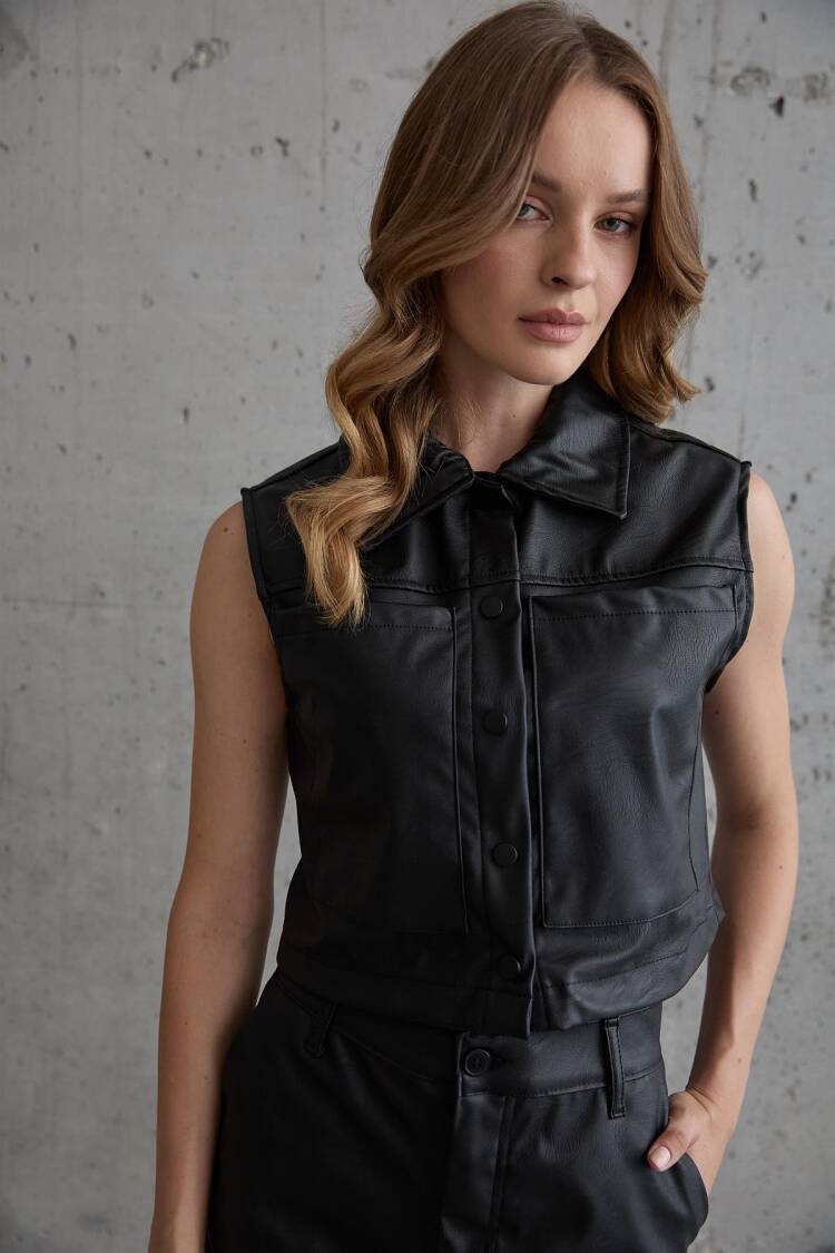 Snap Detail Sleeveless Leather Vest Black