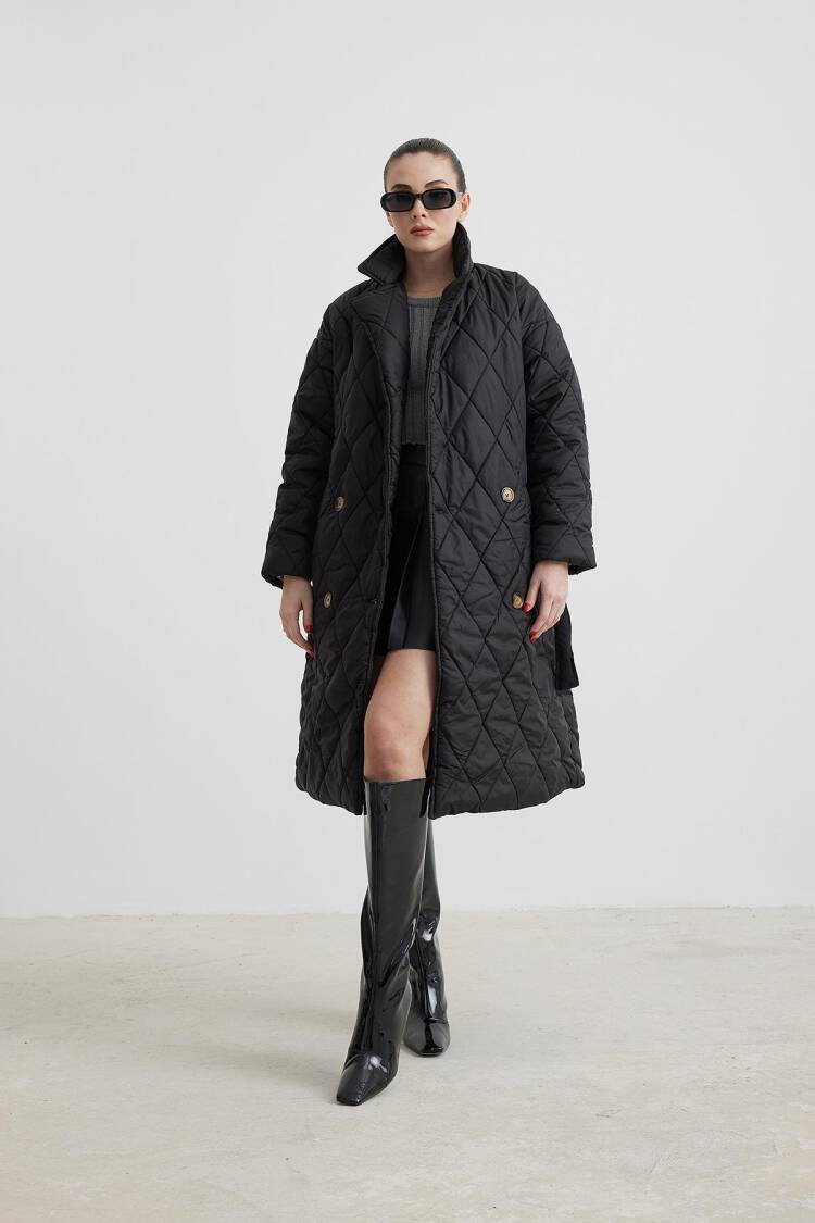 Jacket Collar Waist Belted Quilted Long Women's Coat - Levure - Globality Store - Women Clothes Wholesale Turkey