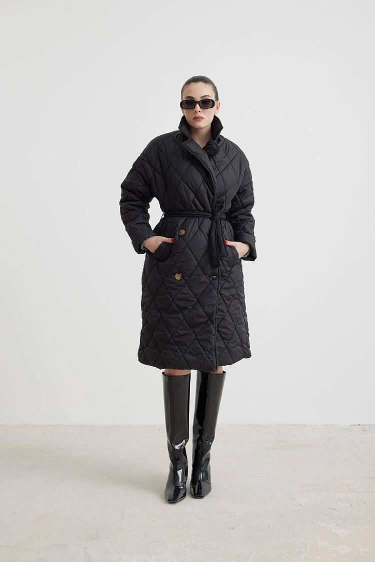 Jacket Collar Waist Belted Quilted Long Women's Coat