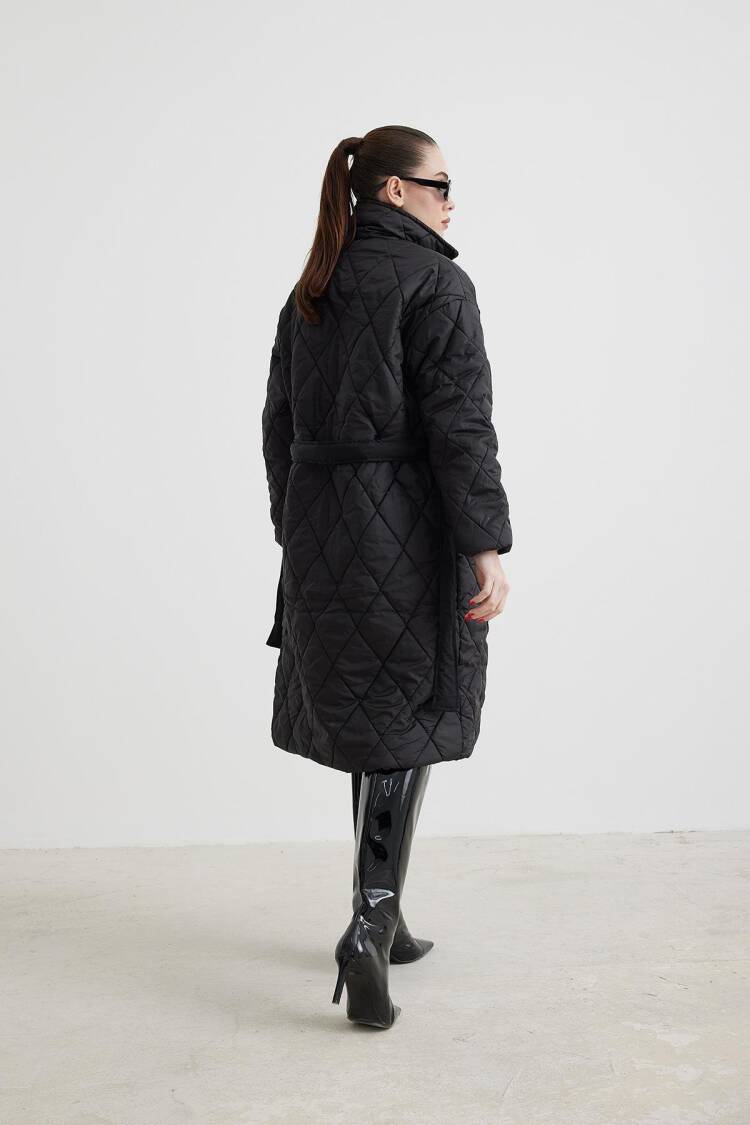 Jacket Collar Waist Belted Quilted Long Women's Coat