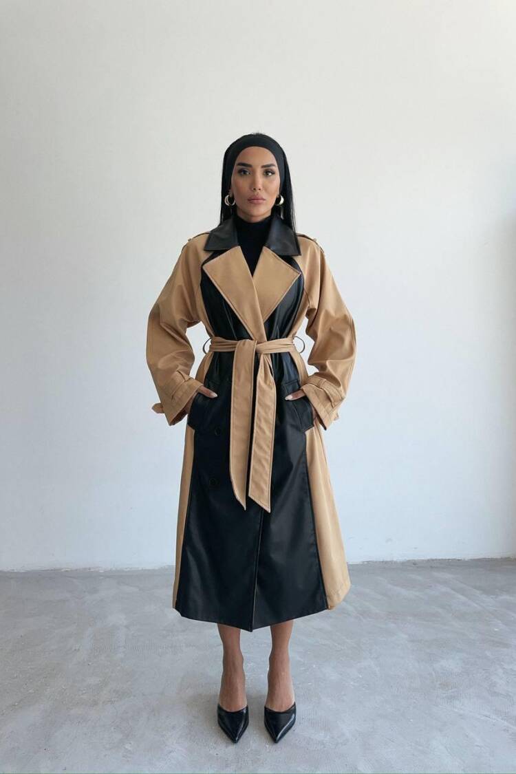 Leather Piece Buttoned Trench Coat - Ello - Globality Store - Women Clothes Wholesale Turkey
