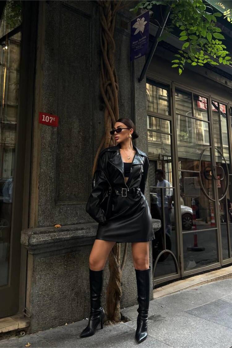 Leather Jacket Look Dress Black