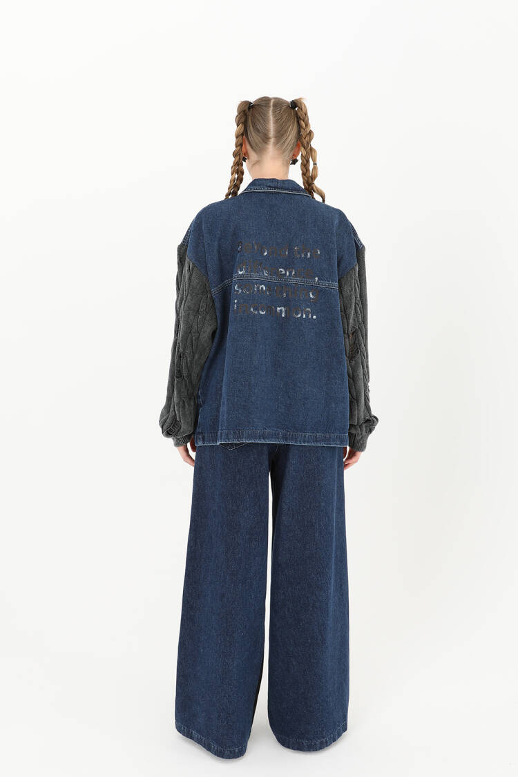 Knitted Sleeve Detailed Denim Jacket -& Blue