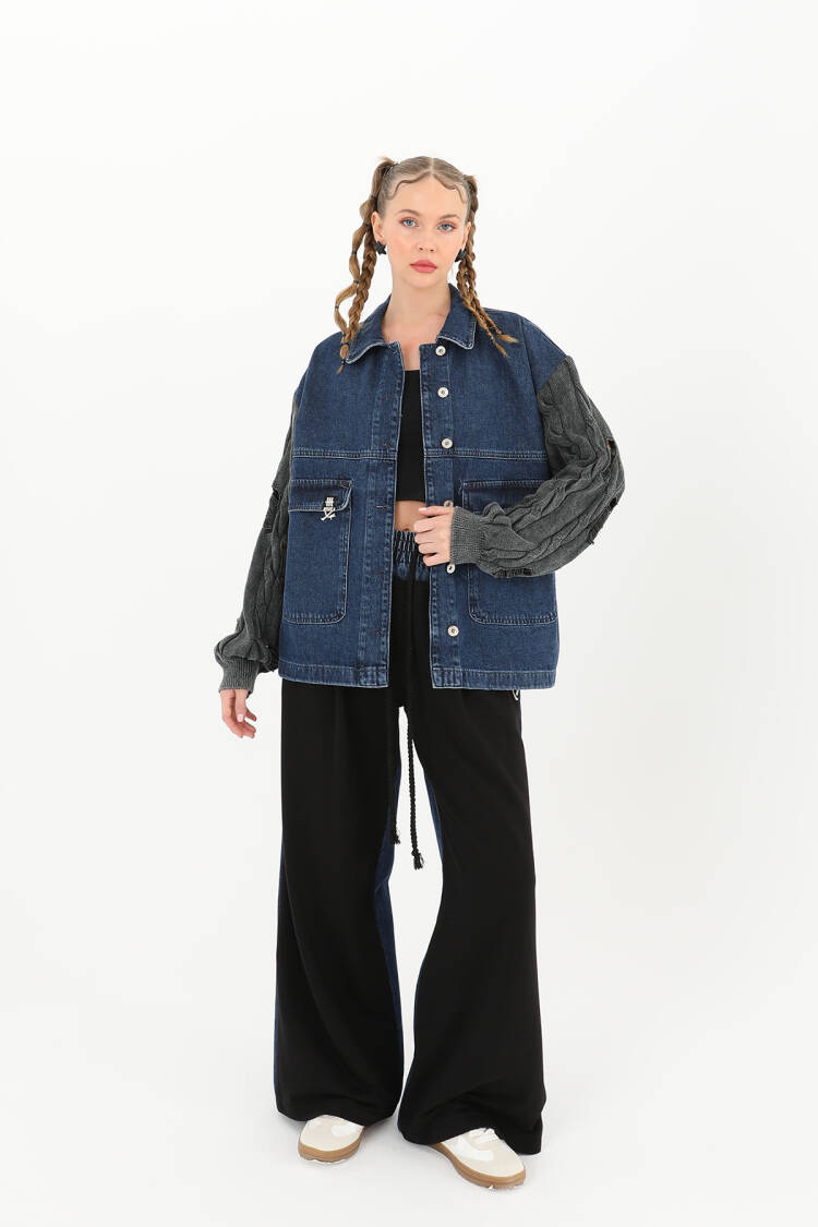 Knitted Sleeve Detailed Denim Jacket -& Blue - SOUL - Globality Store - Women Clothes Wholesale Turkey