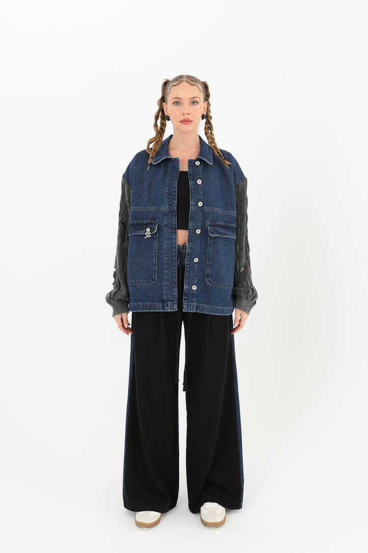 Knitted Sleeve Detailed Denim Jacket -& Blue