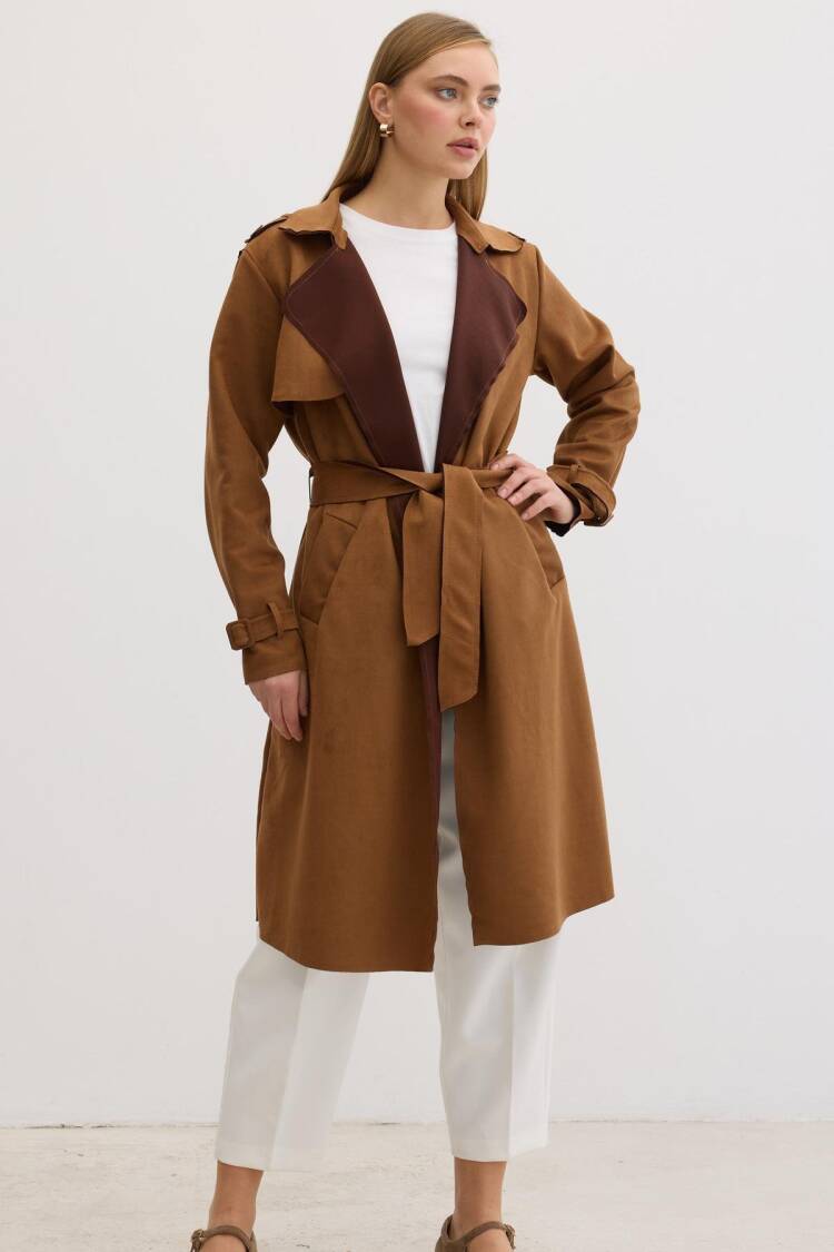 Button Detailed Waist Belted Suede Trench Coat Tan