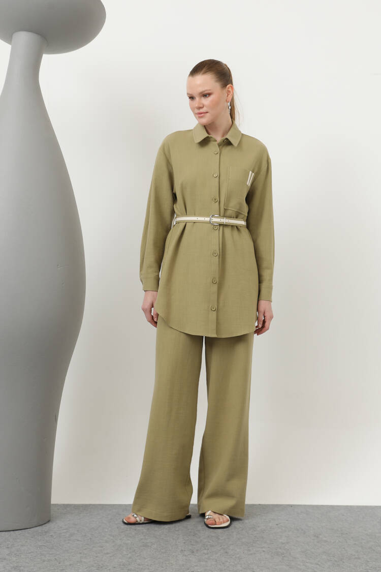 Ruched Waist And Pocket Detailed Shirt And Pants Set - Light - Puane - Globality Store - Women Clothes Wholesale Turkey