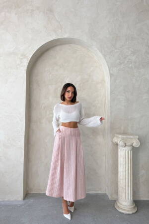 Striped Linen Skirt - Powder - Topshow - Globality Store - Women Clothes Wholesale Turkey