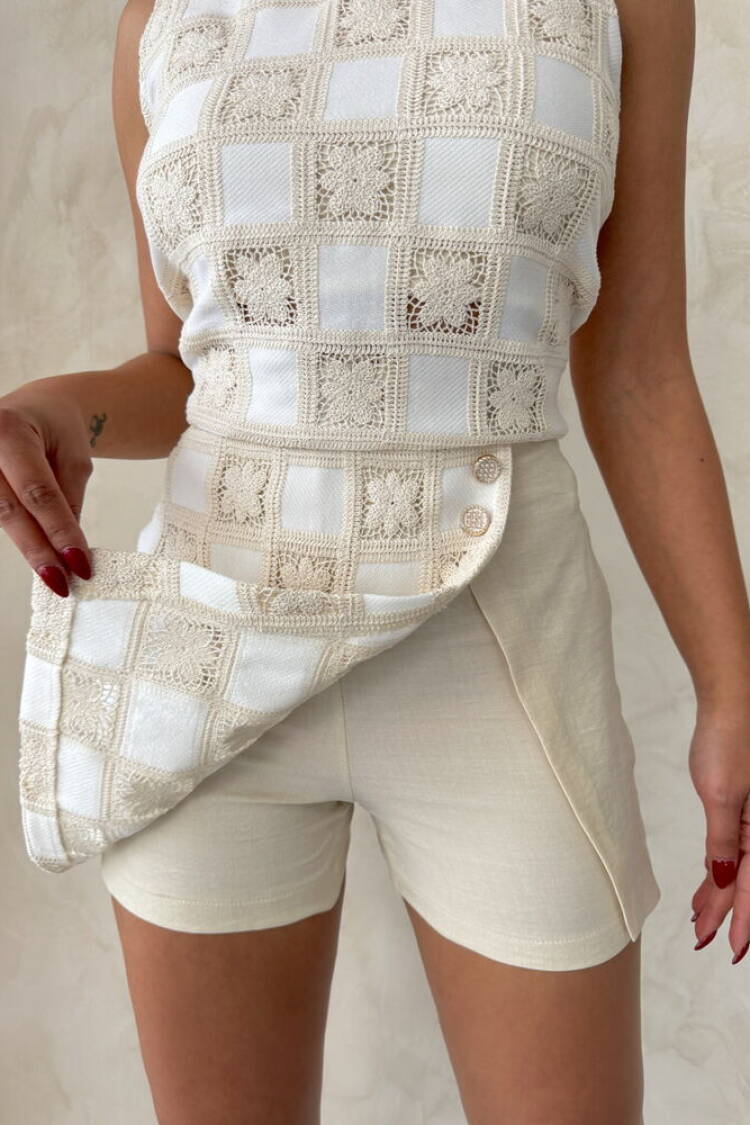 Lace Detailed Square Pattern Shorts Skirt - Stone