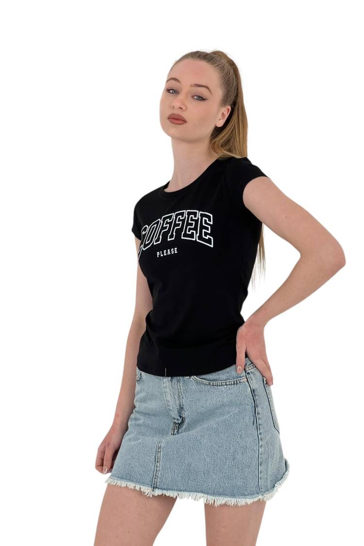 Summer Coffe Print Short Sleeve Skinny White T-Shirt