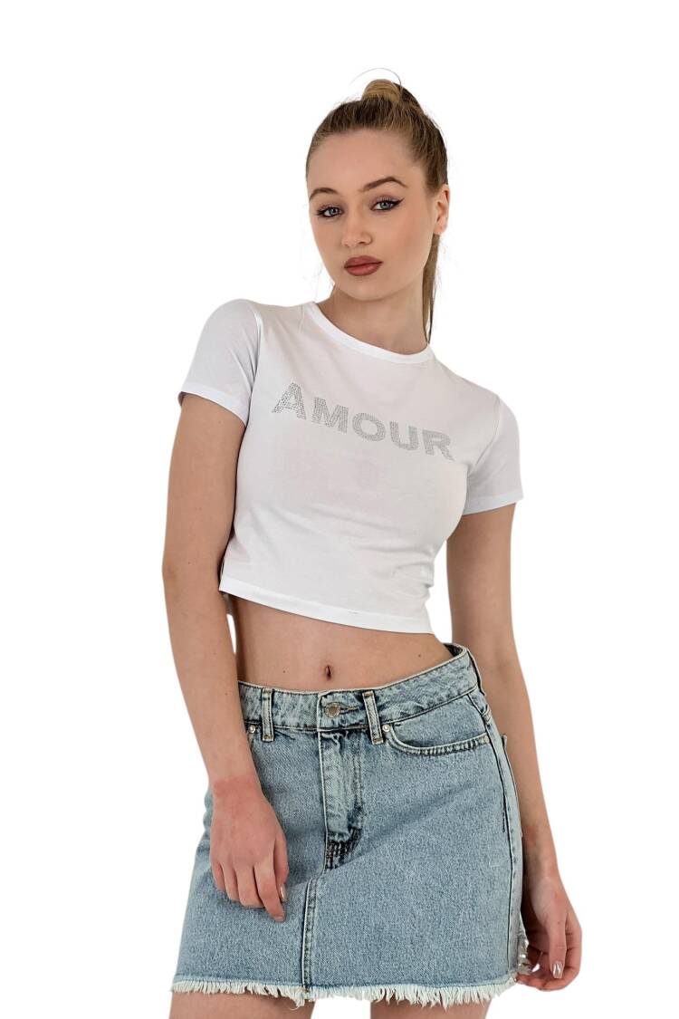 Short Sleeve Summer White Crop T-Shirt With Stones