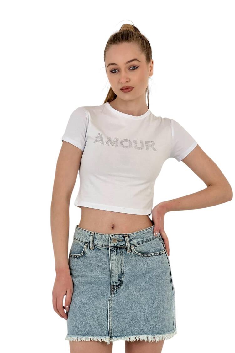 Short Sleeve Summer White Crop T-Shirt With Stones