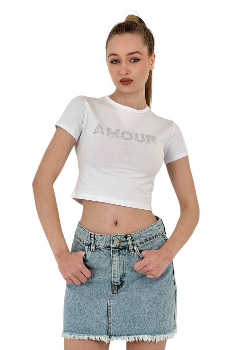 Short Sleeve Summer White Crop T-Shirt With Stones
