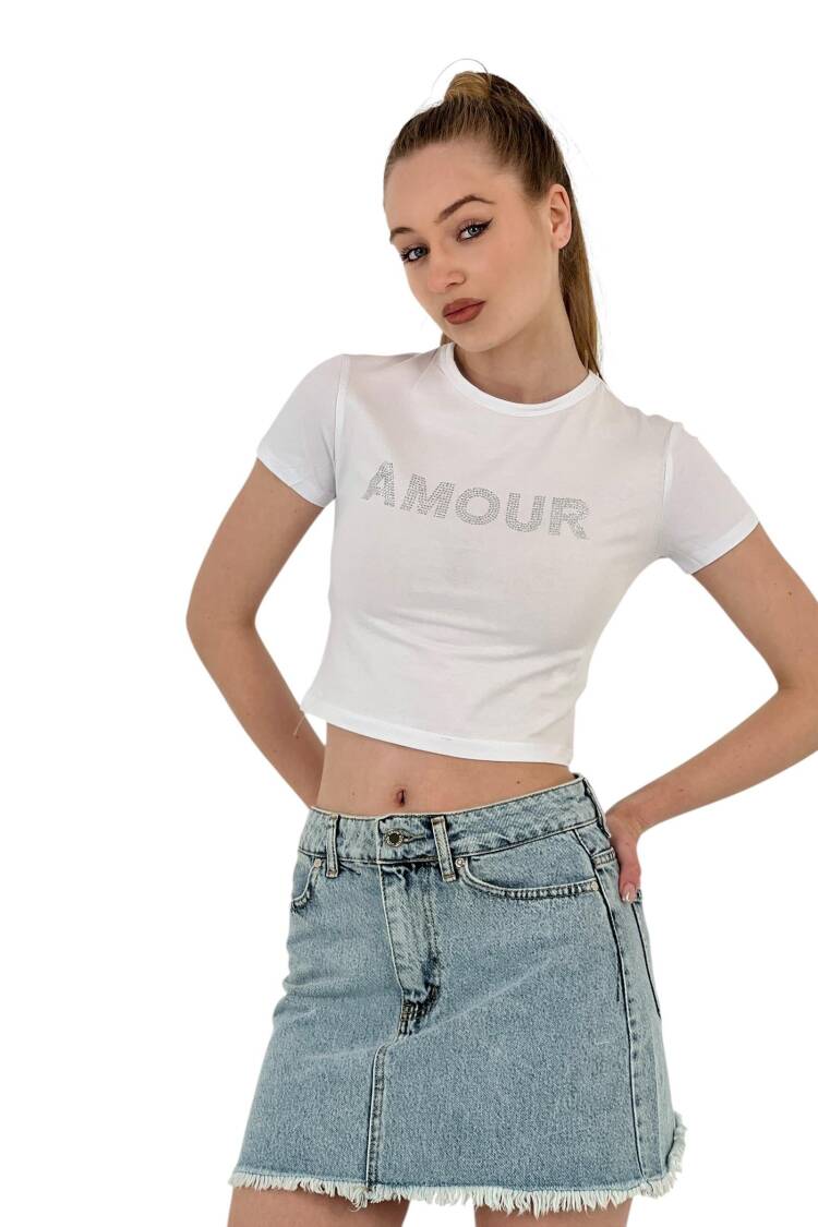 Short Sleeve Summer White Crop T-Shirt With Stones - MISS POEM - Globality Store - Women Clothes Wholesale Turkey