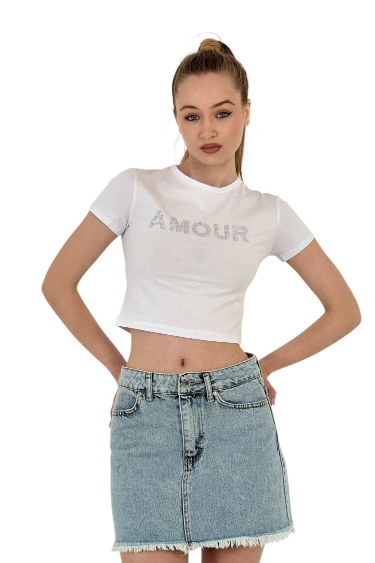 Short Sleeve Summer White Crop T-Shirt With Stones