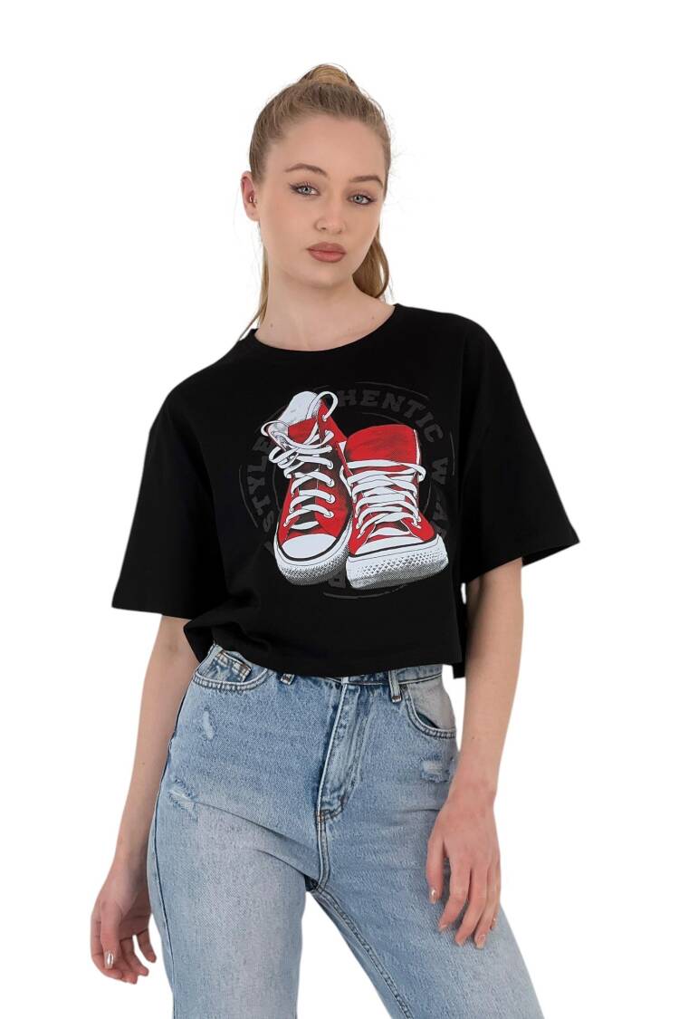 Oversize Printed Short Sleeve White Crop T Shirt