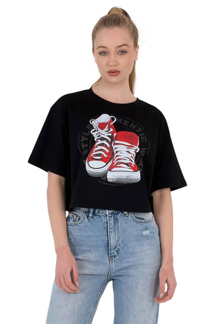 Oversize Printed Short Sleeve White Crop T Shirt