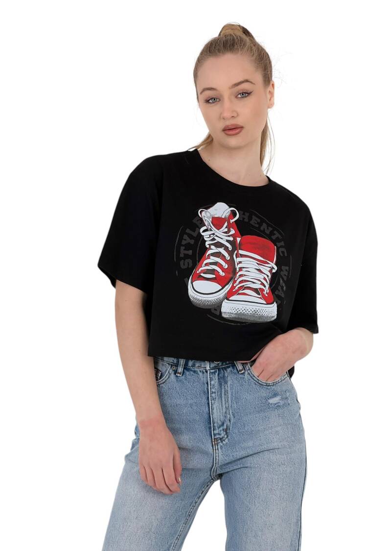 Oversize Printed Short Sleeve White Crop T Shirt