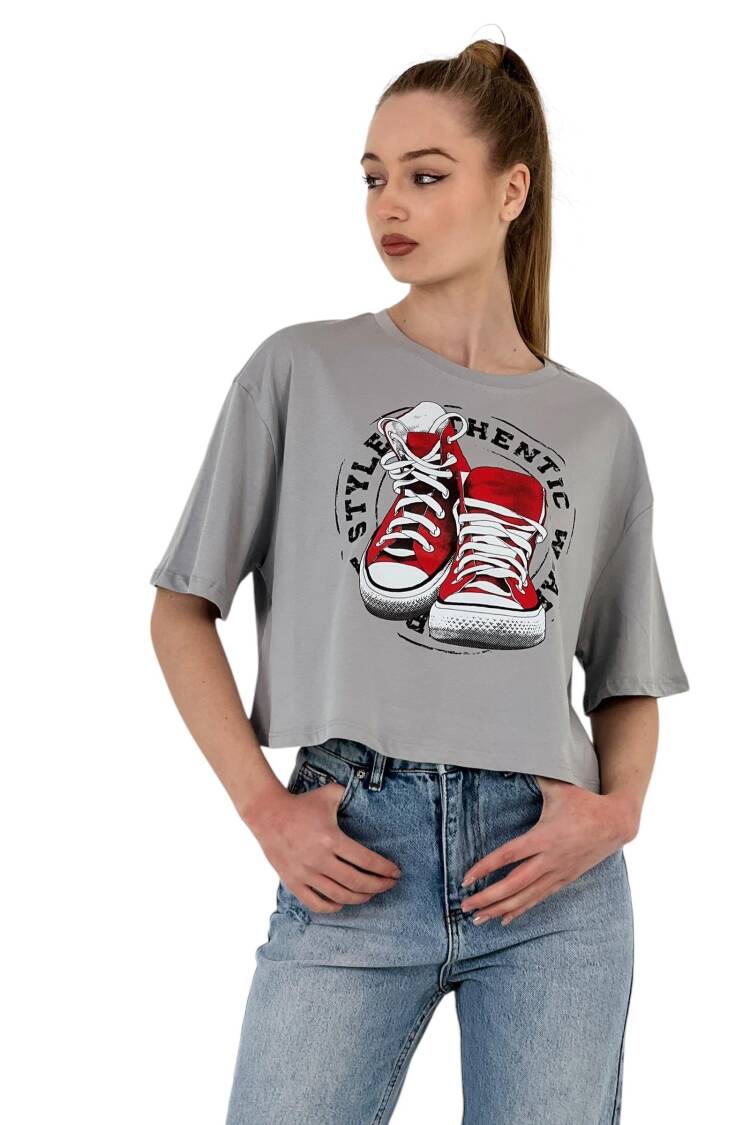 Oversize Printed Short Sleeve White Crop T Shirt - MISS POEM - Globality Store - Women Clothes Wholesale Turkey