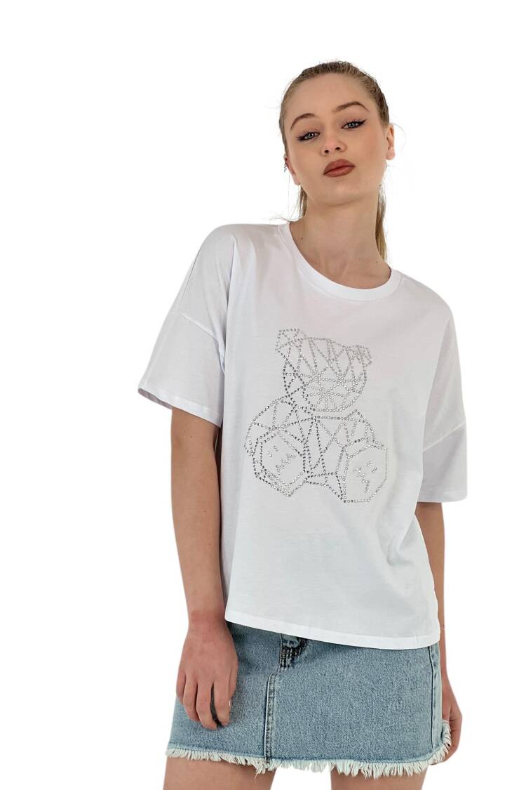 Teddy Bear Stone Printed Short Sleeve Loose Black T-Shirt