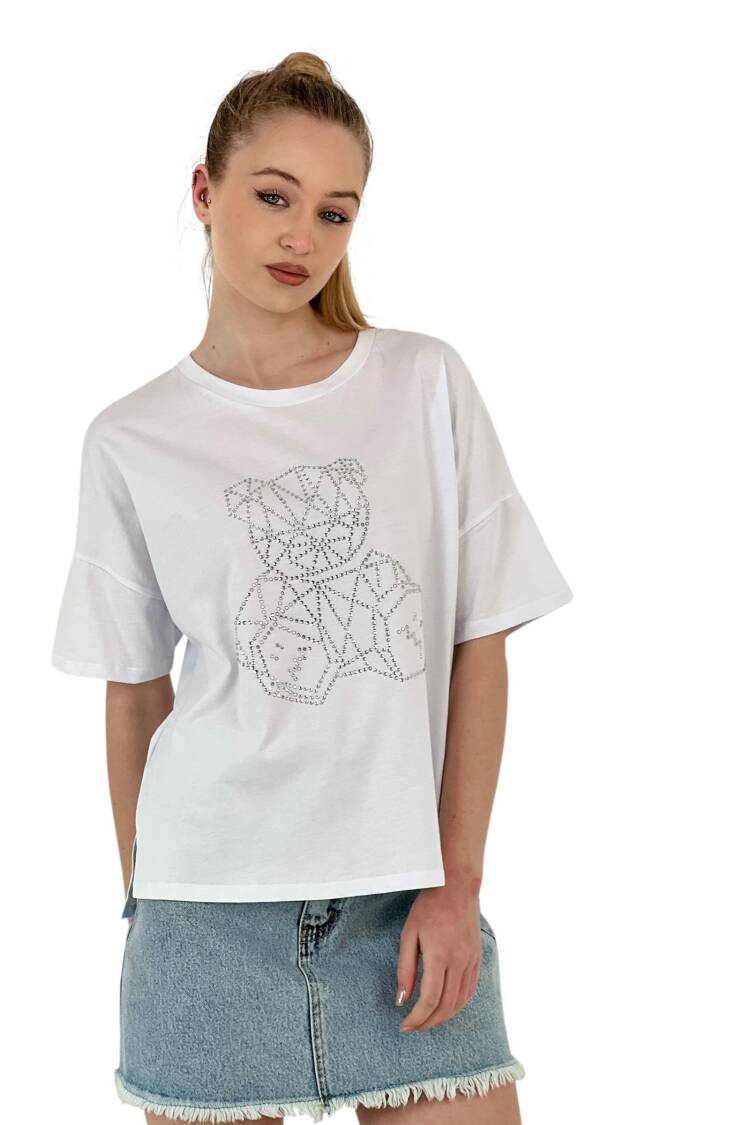 Teddy Bear Stone Printed Short Sleeve Loose Black T-Shirt