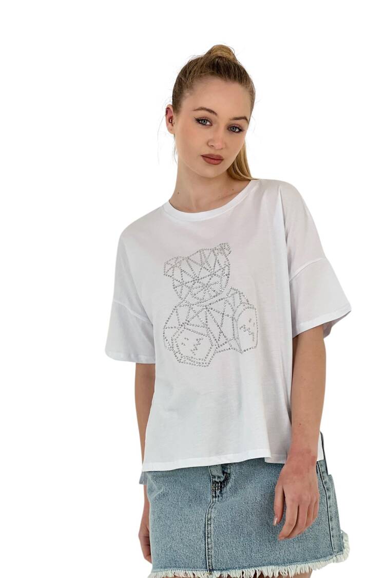 Teddy Bear Stone Printed Short Sleeve Loose Black T-Shirt - MISS POEM - Globality Store - Women Clothes Wholesale Turkey
