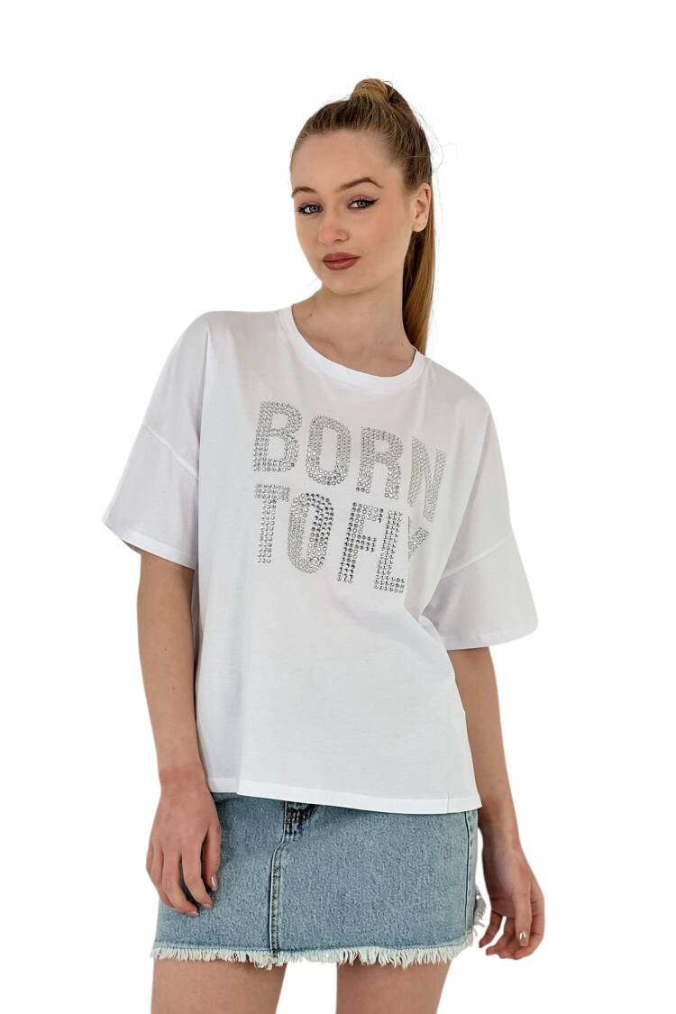 Stone Embroidered “born To Fly” Oversize T-Shirt — White & Grey