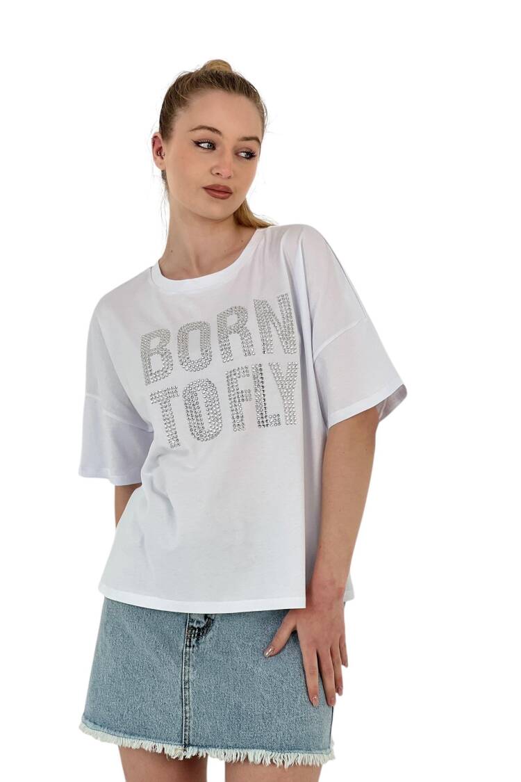 Stone Embroidered “born To Fly” Oversize T-Shirt — White & Grey