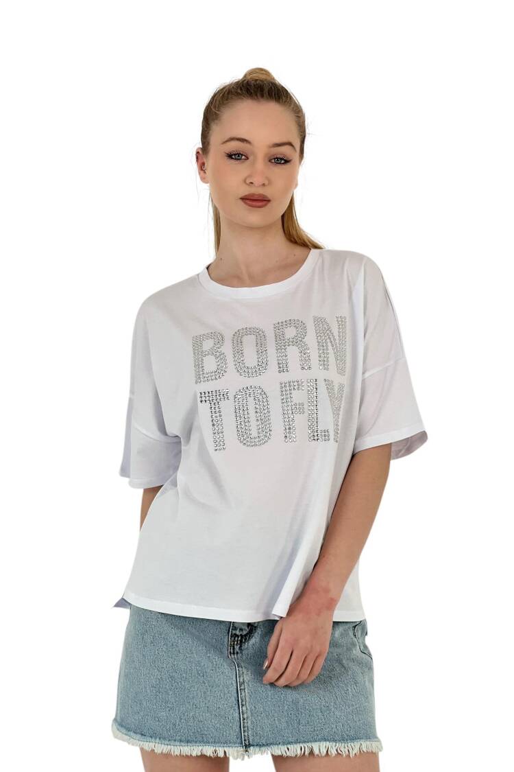 Stone Embroidered “born To Fly” Oversize T-Shirt — White & Grey - MISS POEM - Globality Store - Women Clothes Wholesale Turkey