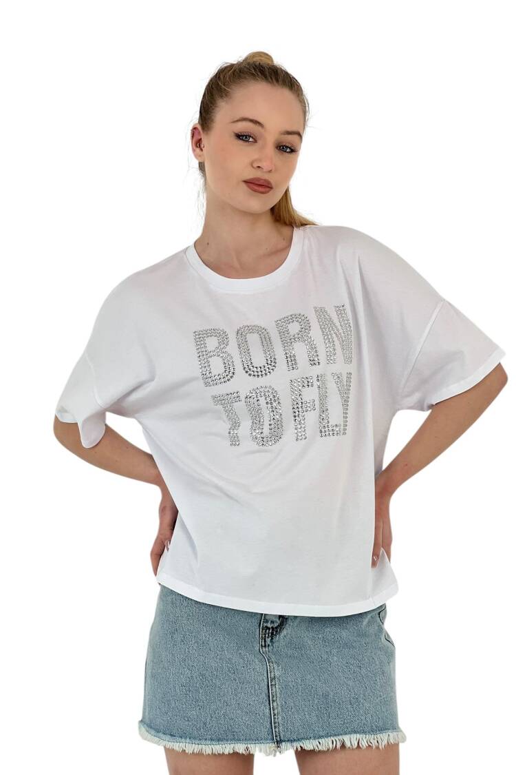 Stone Embroidered “born To Fly” Oversize T-Shirt — White & Grey