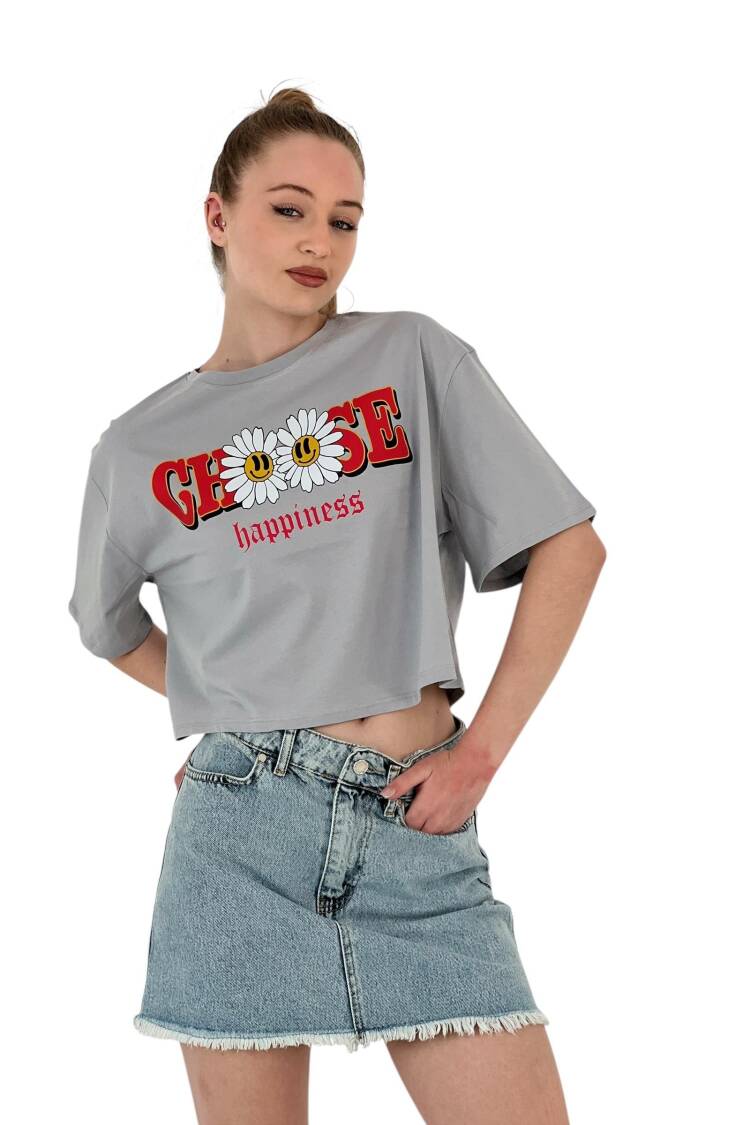 Oversize Floral Print Short White Crop T Shirt