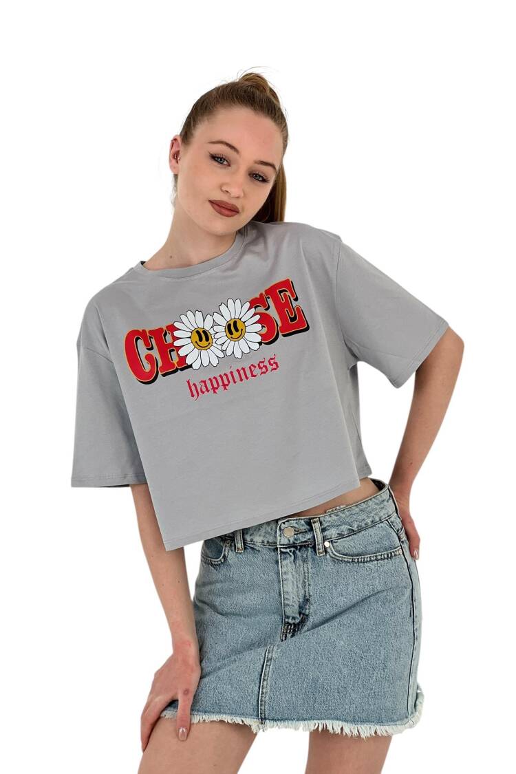 Oversize Floral Print Short White Crop T Shirt