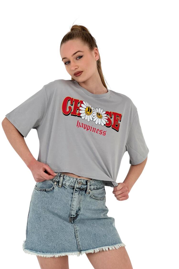 Oversize Floral Print Short White Crop T Shirt