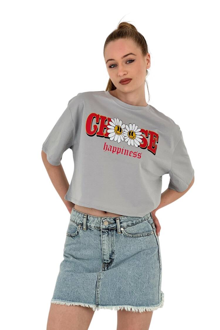 Oversize Floral Print Short White Crop T Shirt