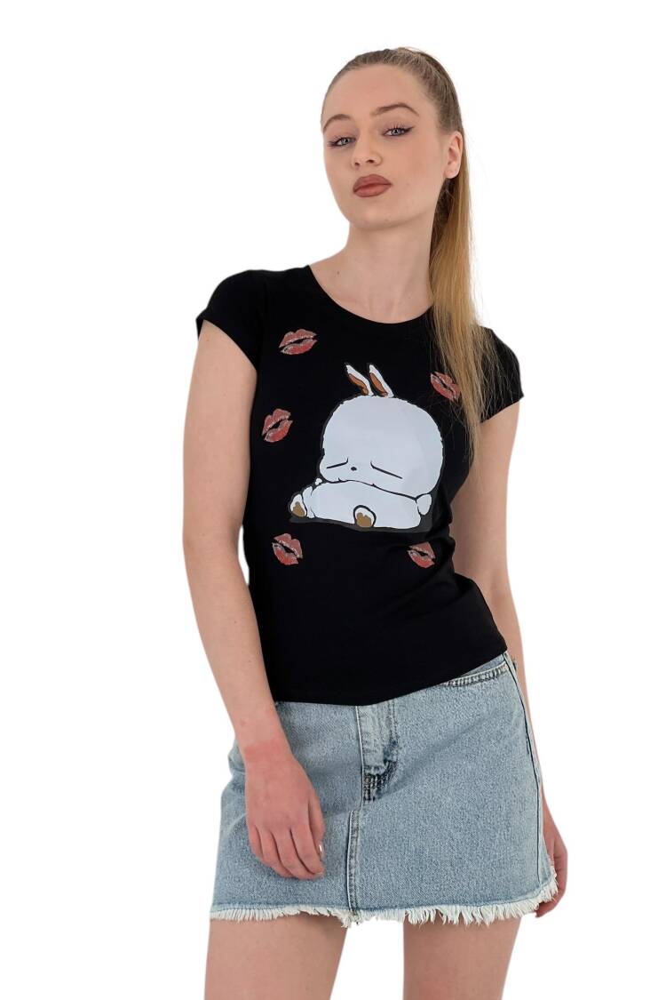 Rabbit Printed Short Sleeve SkinnyT-Shirt - MISS POEM - Globality Store - Women Clothes Wholesale Turkey