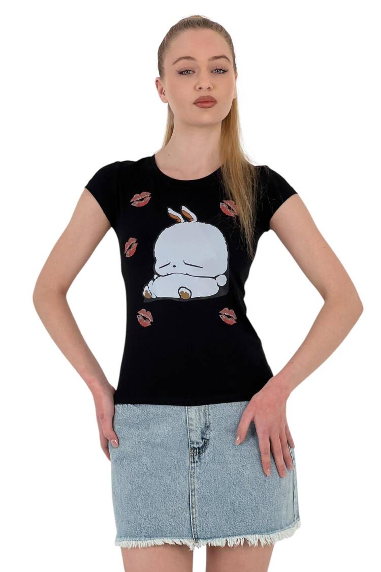 Rabbit Printed Short Sleeve SkinnyT-Shirt
