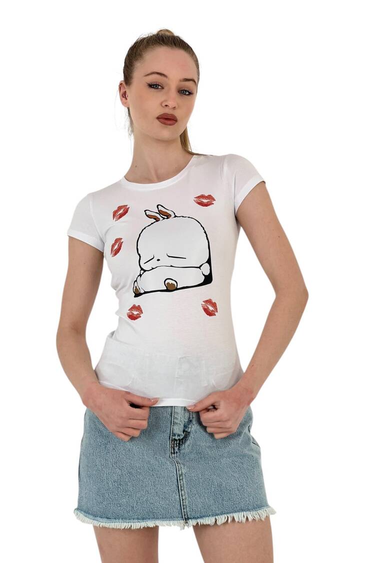 Rabbit Printed Short Sleeve Skinny Black T-Shirt - MISS POEM - Globality Store - Women Clothes Wholesale Turkey